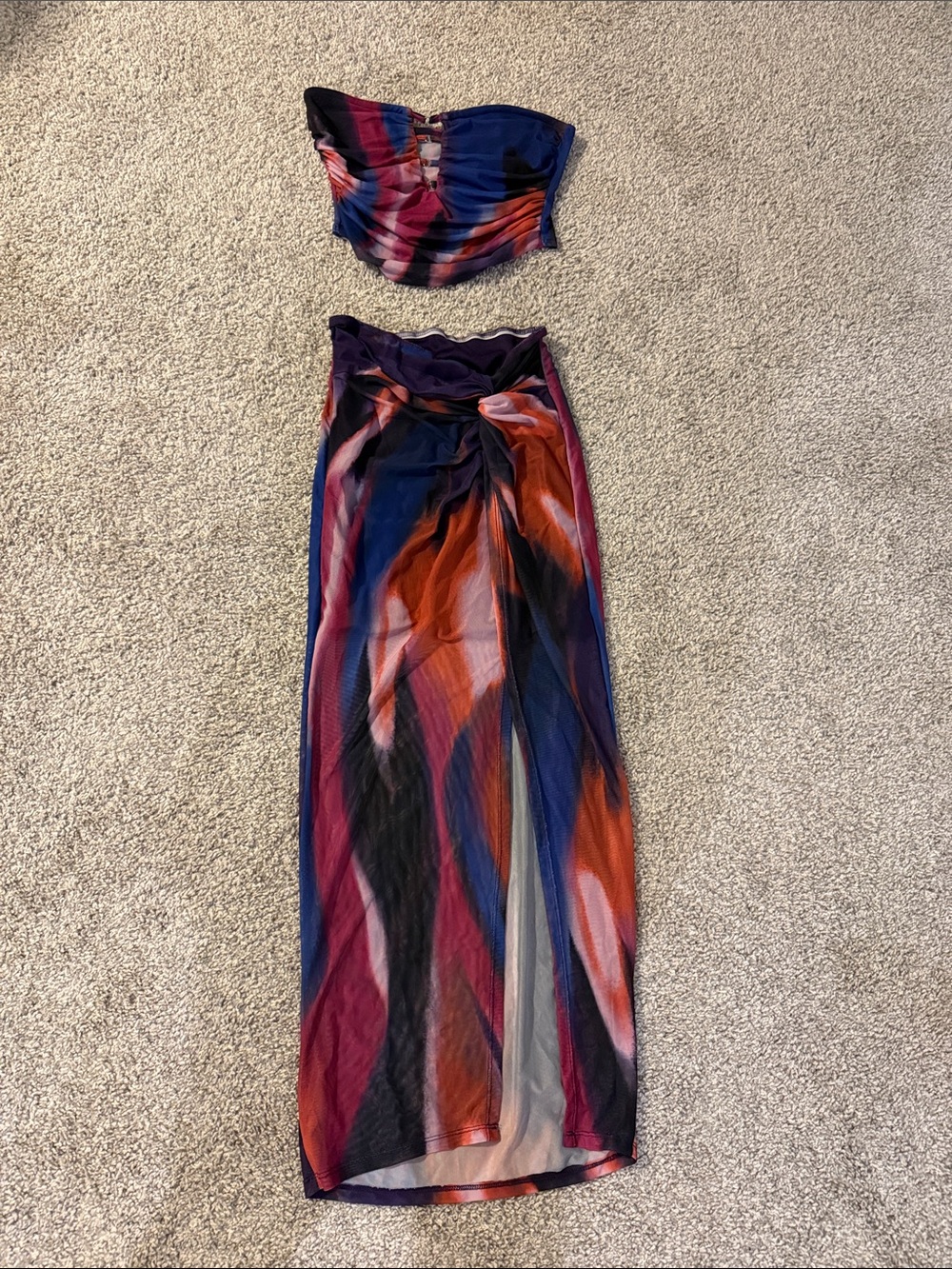 Abstract Multi-Color Maxi Skirt - Navy, Purple & Orange skirt and strapless top